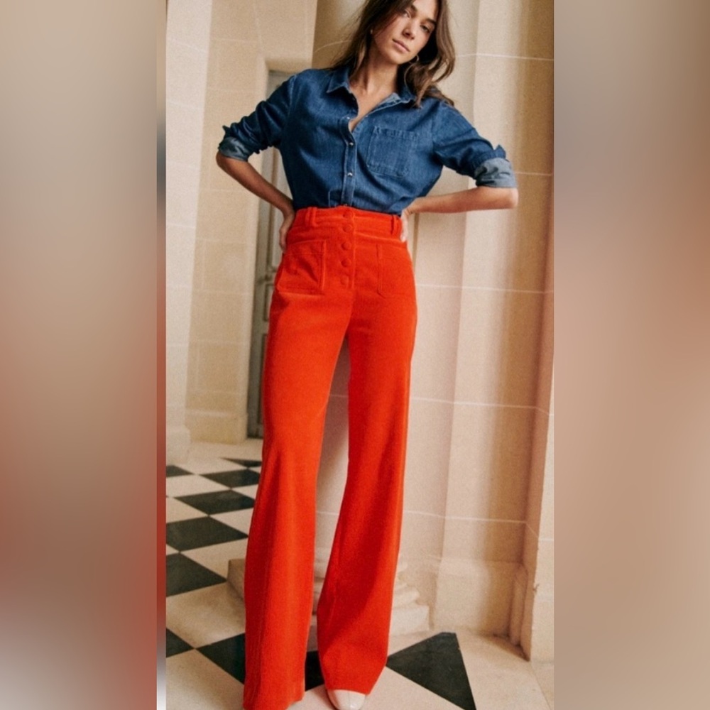 Sezane Womans Red Orange Chuck Trouser corduroy velvet Pants Size 38/6
